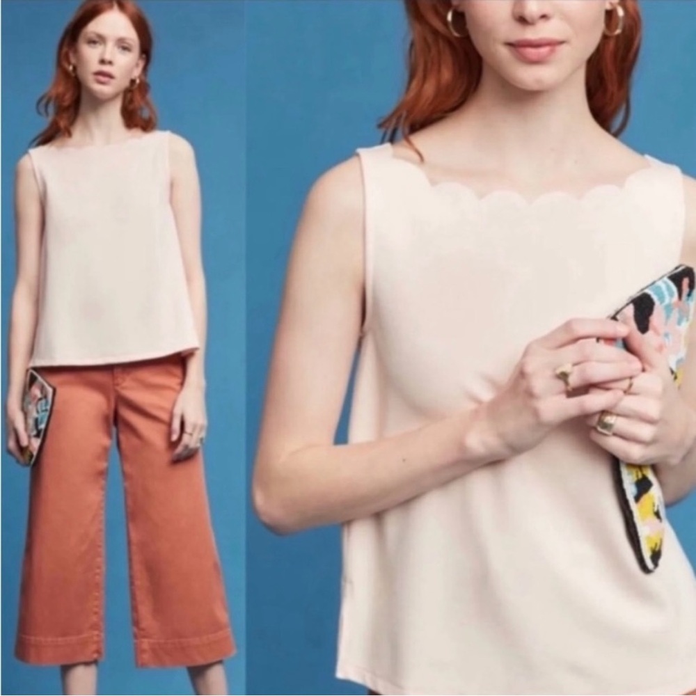 Anthropologie Eri + Ali Scalloped Tank Top, Sleeveless Size M, Blush, Minimalist